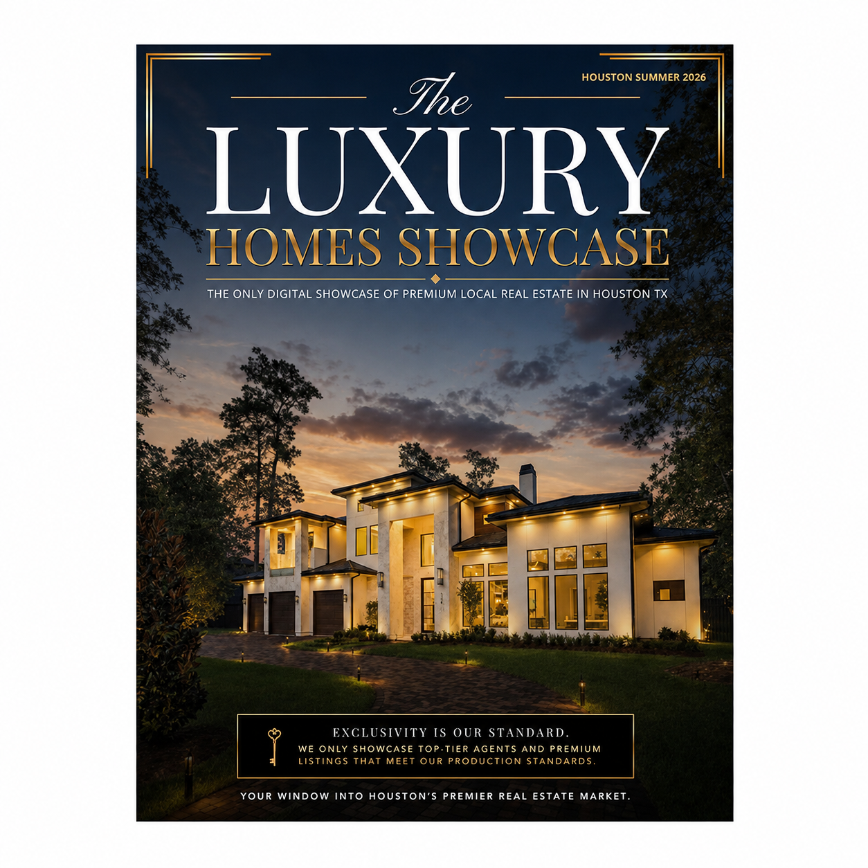 The Luxury Homes Showcase Houston Summer 2026 magazine cover centered on a square white background.