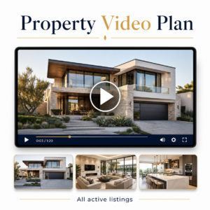 Property Video Plan service illustration with a luxury home video player and scene thumbnails; all active listings included.