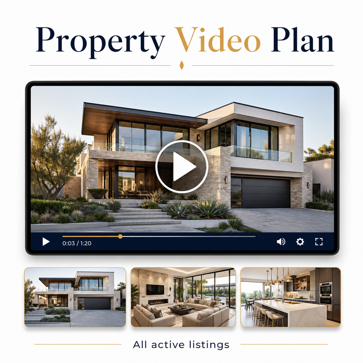 Property Video Plan service illustration with a luxury home video player and scene thumbnails; all active listings included.