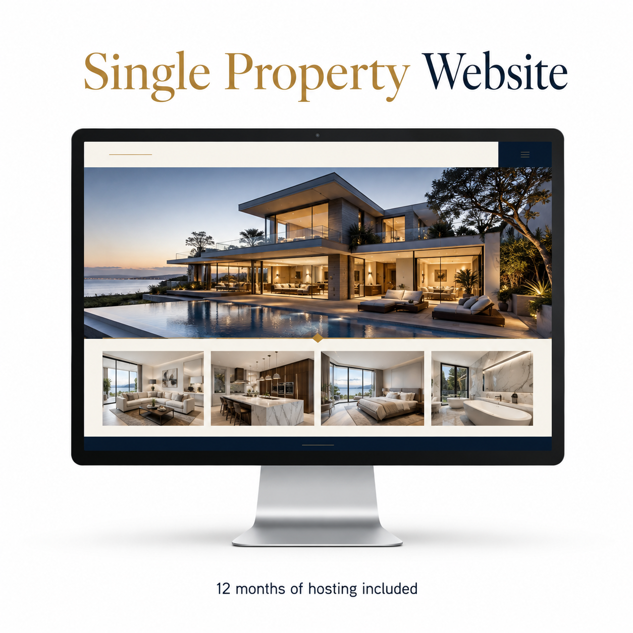 Single Property Website service illustration with a luxury home website on a desktop monitor; 12 months of hosting included.